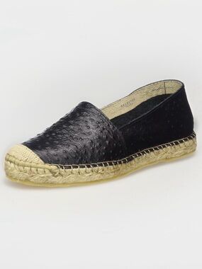 Fabiolas Black Leather Ostrich Pattern Espadrilles